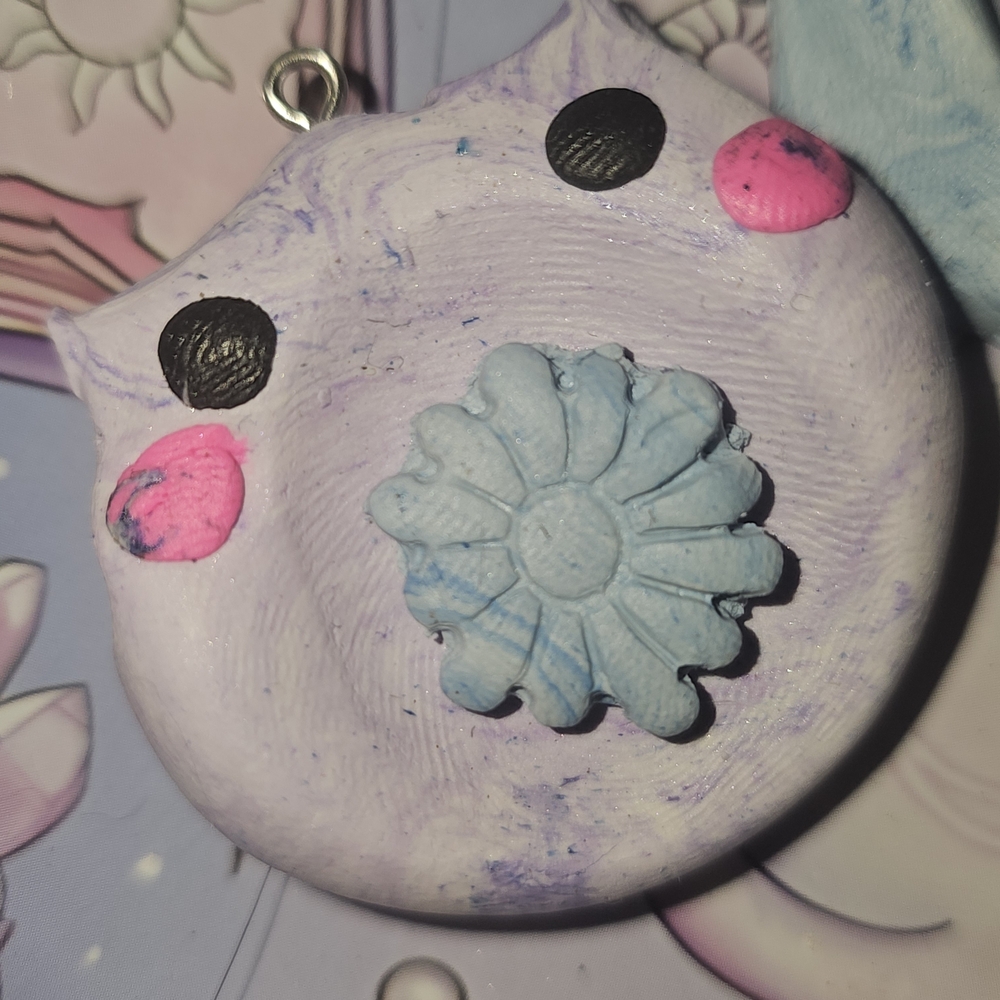 Cute Cat-Shaped Worrystone with Blue Flower Keychain Handmade